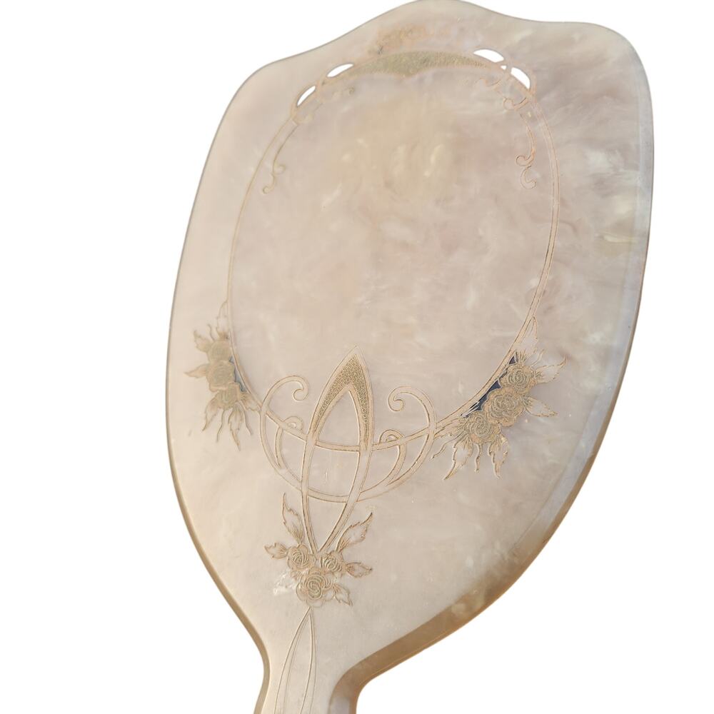 Antique hand mirror w cigarette burn floral design celluloid 14"
